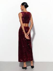 Maija Bộ đồ hai mảnh gồm áo tank top và chân váy đính sequin màu trơn dành cho nữ, thích hợp cho các bữa tiệc, bộ đồ hai mảnh lấp lánh, trang phục sequin đỏ dành cho nữ, trang phục sequin đỏ, quần áo Giáng sinh. - Màu Đỏ Sâu - Xem 4