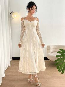 Modelyn Damen elegantes einfarbiges Spitzen Off-Shoulder Kleid - Aprikosenfarben - Übersicht 2