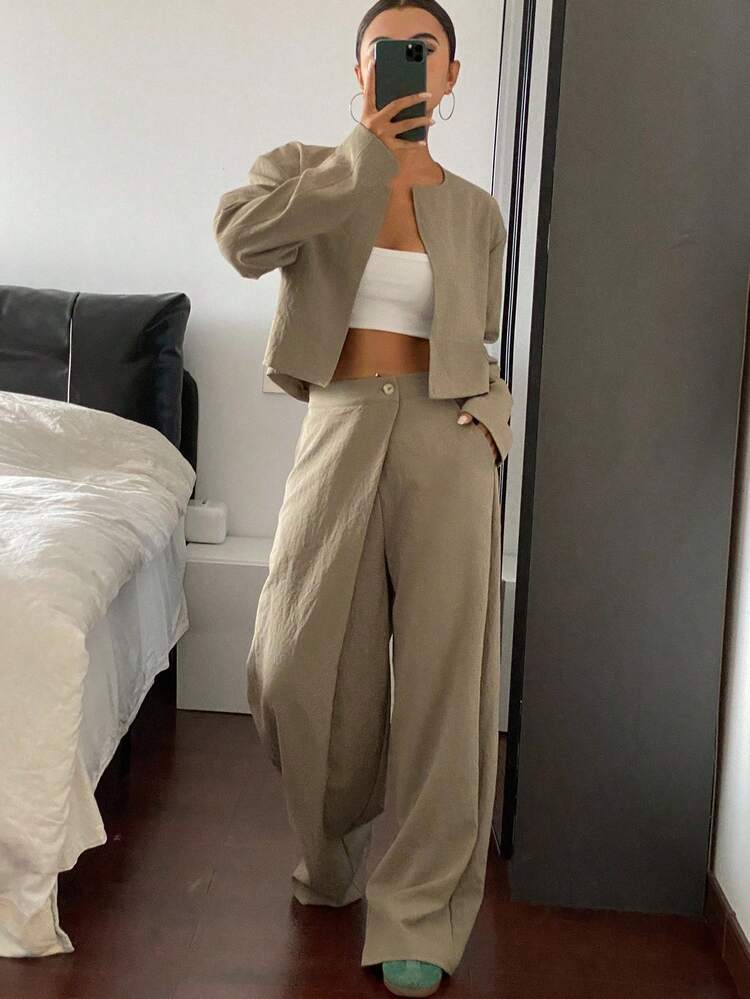 Women's Round Neck Cardigan Long Sleeve Short Jacket And Loose Straight Leg Pants 2 Pieces Set, Casual Lounge Sets For Women