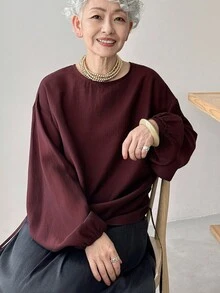 FRIFUL Áo sơ mi tay đèn lồng màu trơn đơn giản dành cho nữ, có dây rút bên hông, mùa thu - Đỏ - Xem 2