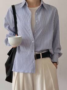 DAZY 女士休闲条纹宽松衬衫，条纹衬衫长袖上衣 - 藍色 - 查看 4