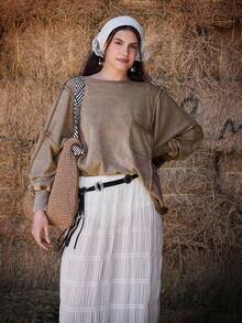 Freevana 大码女式圆领蝙蝠袖宽松口袋休闲T恤波西米亚风女装西部乡村度假上衣秋季服装棉质上衣女式大码运动衫 - 卡其色 - 查看 3