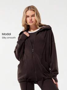 GLOWMODE Chaqueta con cremallera, cuello ancho, cordón ajustable y tela suave y transpirable de modal para días relajados, uso diario y casual