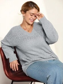 Momelise Plus Size Solid Color Hollow Out Knit Sweater, Casual For Autumn/Winter Fall Cloth For Women - Light Grey - View 7