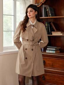 SHEIN MOD 秋冬休闲时尚百搭通勤简约长袖系带女式风衣 - 卡其色 - 查看 8