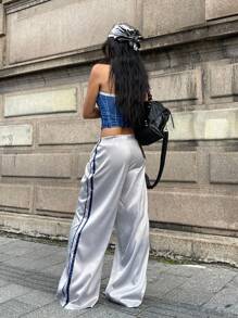 Coolane 女款春夏 Y2K 街头潮流约会夜撞色丝带条纹皮革运动长裤