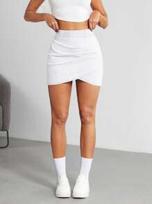 Flexra Women's Casual Solid Color Wrap Fitted Denim Mini Skirt, Summer/White Tight Skirt/Y2K Denim Skirt/White Denim Skirt - White - View 4