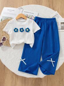 2pcs Young Girls Textured Fabric T-Shirt With 3D Floral Decor & Casual Pants Set, Suitable For Casual Wear At Home Or Outdoor Two Pieces Pants Set Kids Blue Kid Sets Crop Top Set For Kids Kids Summer Sets Girls Two Pieces Set - Blue - View 1