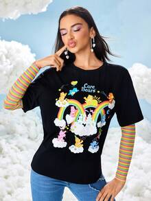 SHEIN X Care Bears Women's Casual Cute Cartoon Bear Print Short Sleeve T-Shirt, Summer - Black - View 4