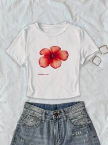 INAWLY Women's Letter & Floral Print Round Neck Short Sleeve Casual T-Shirt