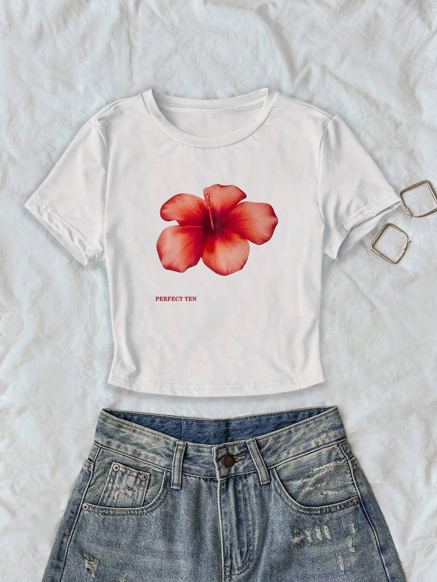 INAWLY Women's Letter & Floral Print Round Neck Short Sleeve Casual T-Shirt