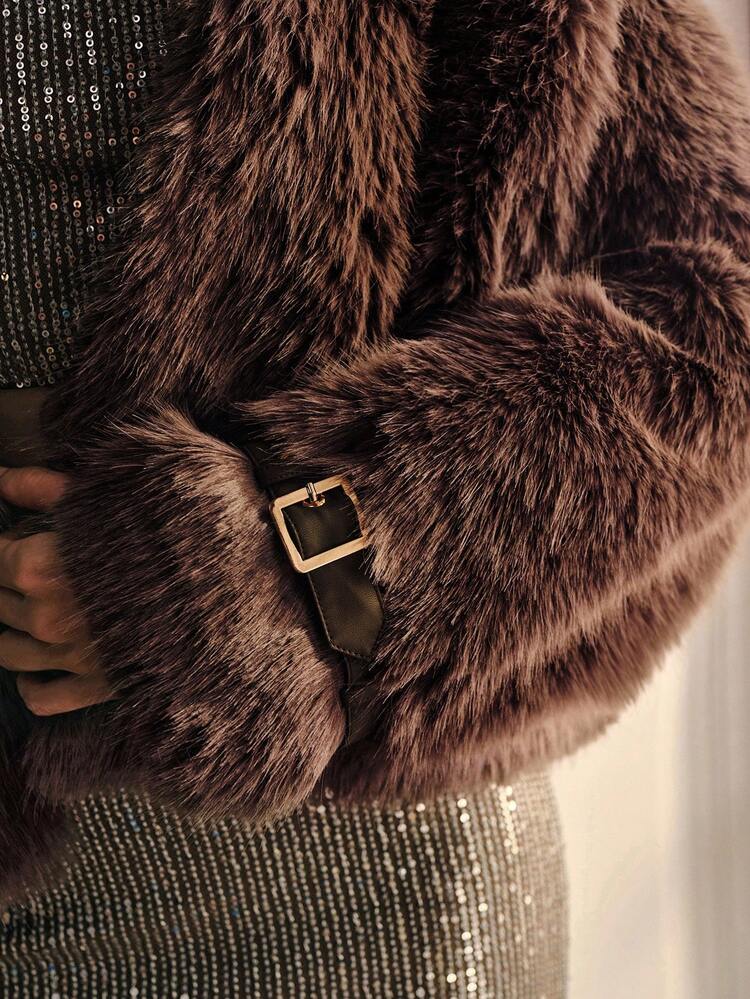 BUCKLE DECOR FAUX FUR COAT