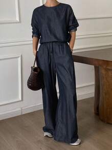 DAZY 2 件套女士休闲牛仔圆领宽松套头衫和抽绳腰阔腿裤套装 - 中等水洗藍 - 查看 7