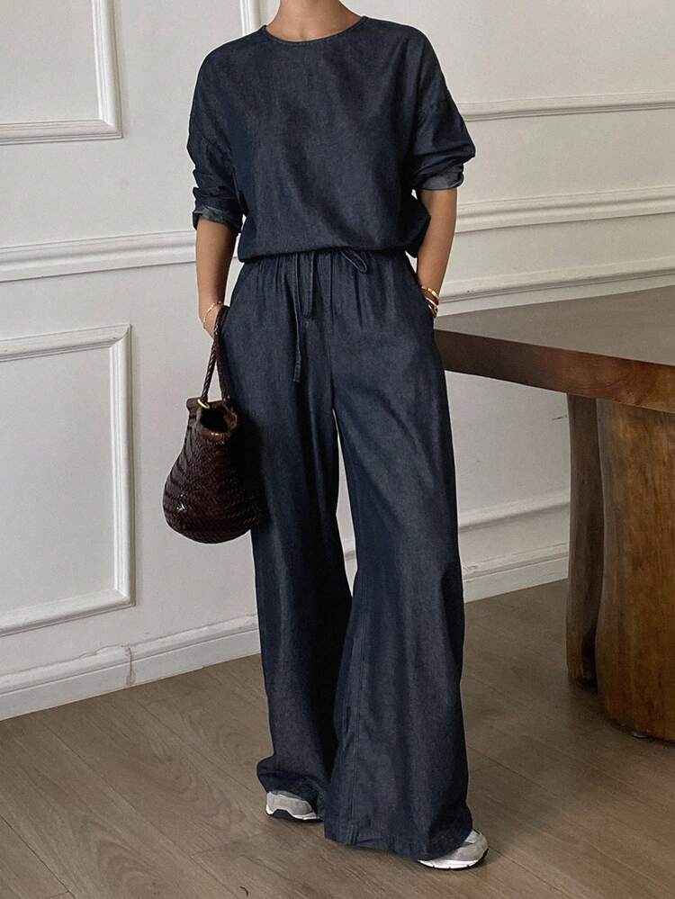 2pcs Women Casual Denim Crew Neck Loose Pullover Top And Drawstring Waist Wide Leg Pants Set