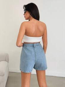 EURMUSE 女士口袋设计褶皱宽松休闲牛仔短裤