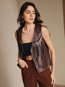 Anewsta Women's Floral Print Fringed PU Leather Single Breasted Vest Jacket - Maroon - View 9