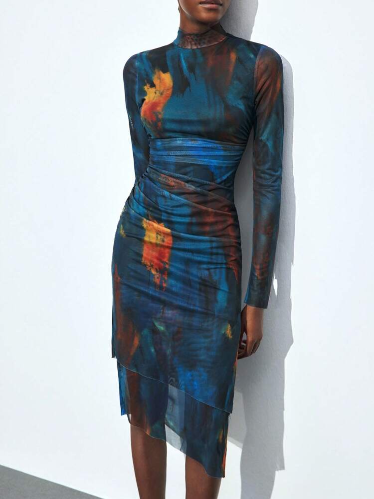SHEIN Maija 2026 Spring & Summer Elegant Blue Tie-Dye Print Collar Backless Fitted Long Dress, Fashionable Design, Suitable For Parties, Dates, Business, Casual Wear, Office, Low-Key Vintage Vibe, High-Quality Urban Commute, Magazine Editor Same Style, Urban Social Vacation Party Outfit, Charming Women Long Dress,