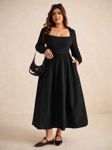 Elaquor 大码女式休闲简约百搭百搭方领针织拼接黑色中长连衣裙，秋季 - 黑色 - 查看 1