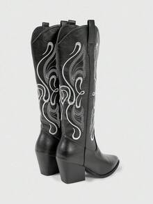 ROMWE Fairycore 2025 Herbst/Winter Neue Spitze Zehen Plateau Absatz Stiefel mit Stickerei Details, Outdoor Mode Leder Overknee Stiefel