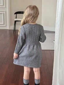 SHEIN 年轻女孩秋冬复古麻花针织圆领 A 字腰蝴蝶结长袖毛衣裙，适合户外休闲装、日常装和学校日常装、学院风、返校装、秋冬装， - 灰色 - 查看 9