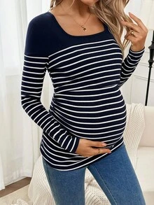 SHEIN Maternity Striped Square Neck Long Sleeve Casual Nursing Top Nursing Maternity Tops Maternity Tops Maternity Shirts Striped Maternity Tops Maternity Clothes - Navy Blue - View 6