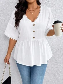 EMERY ROSE Plus Size Women's Solid Color Accessories Lace Casual Top - White - View 6