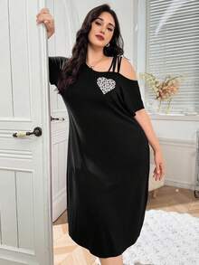 SHEIN 畅销豹纹心形图案短袖T恤连衣裙，性感露肩休闲舒适睡衣套装，女士 - 黑色 - 查看 3
