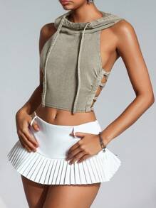 Flirla Casual Fashion Backless Tie-Up Hooded Sleeveless Plus Size Denim Jacket - Army Green - View 10