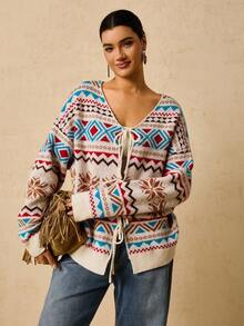 Travachic 大码女式费尔岛图案，前系蝴蝶结针织夹克，复古假日毛衣开衫毛衣上衣女式毛衣系带前毛衣女式开衫冬季毛衣图案毛衣几何毛衣秋季女式圣诞节大码女式毛衣圣诞套头衫 - 彩色 - 查看 6