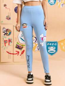 Paul Frank X SHEIN Women's Casual Everyday Sports Cartoon & Letter Graphic High Waist Leggings - Blue - View 3