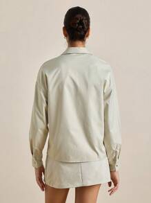 Bộ 2 món áo dài tay đơn sắc cài nút phía trước và chân váy thường ngày cho nữ - Màu be - Xem 3