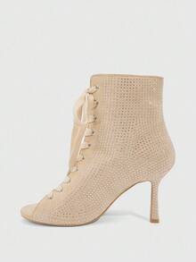 CUCCOO SZL Apricot Suede Rhinestone Embellished Fashionable Casual Round Toe Ankle Boots - Apricot - View 8