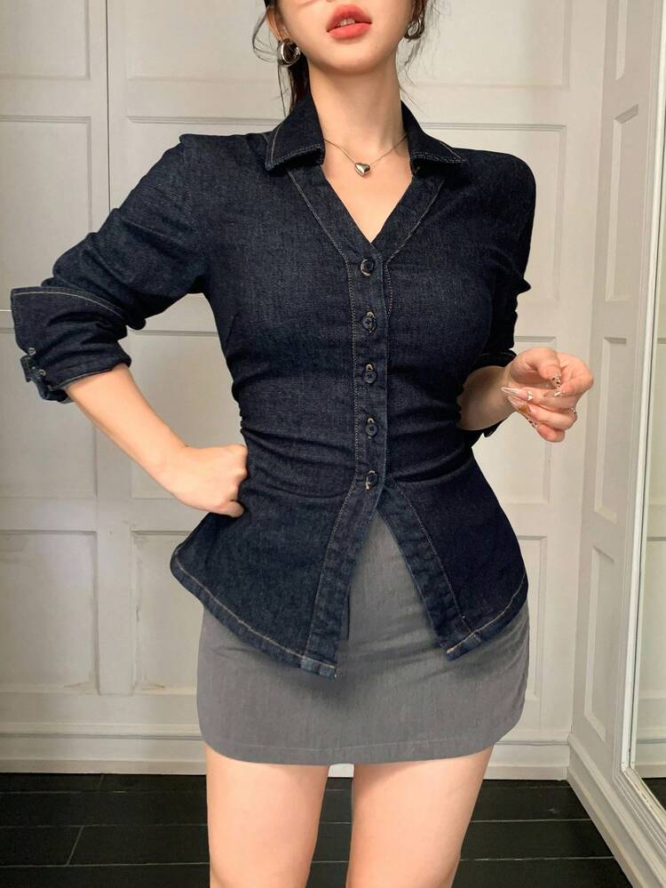 Women's Collared Long Sleeve Cinched Waist Split Hem Casual Elegant Denim Blouse Y2k