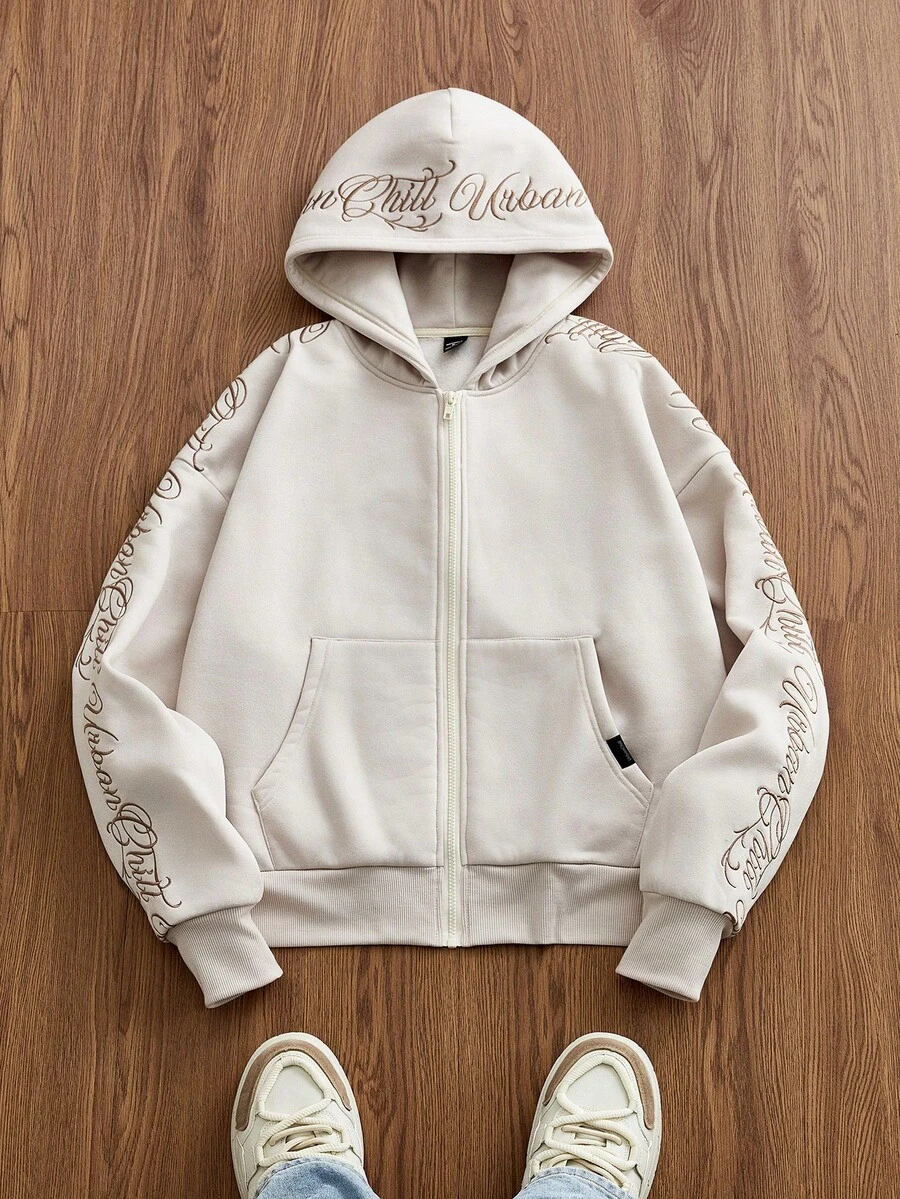 EASEVO Plus Size Men's Letter Print Long Sleeve Zip Front Pocket Casual Hoodie , Fall - Apricot - View 1