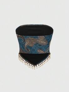 ROMWE Hippie 夏季嬉皮复古西部牛仔音乐节透明木珠流苏下摆佩斯利印花波西米亚抹胸女 - 彩色 - 查看 2