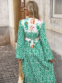 Brillora 波西米亚风格V领长袖宽松下摆印花连衣裙，适合度假穿着 - 彩色 - 查看 2