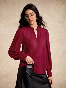 House of One Blouse en mousseline de soie à manches longues bouffantes et boutonnée, couleur bordeaux. Blouse décontractée transparente pour femmes, Top bordeaux, Top rouge pour femmes