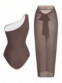 Swim Oasis Traje de baño de una pieza con panel de malla fruncida de unicolor y falda pareo - Burdeos - Ver 2