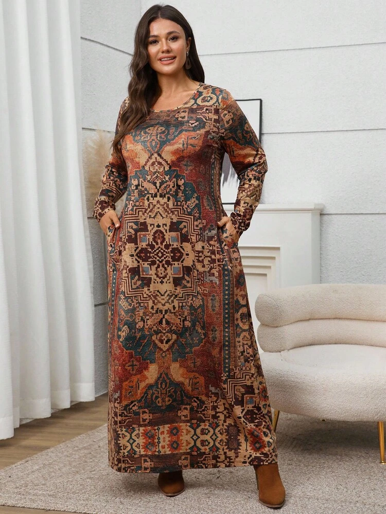 Plus Size Women Geometric Print Round Neck Long Sleeve Pocket Casual Loose Dress Plus Size Dress Caftan Dress Boho Dress Earth Tone Dress, Winter Clothes For Women, Christmas, Casual Dress For Women,Winter Dresses For Women,New Year Women's Clothes