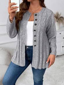 大码前开式纯色休闲开衫，简约风格，适合日常穿着，适合冬季 - 灰色 - 查看 3