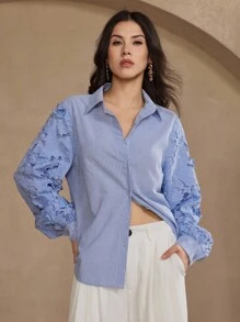DAZY Women's Casual Lace Patchwork Striped Shirt, Spring/Summer Long Sleeve Top - Blue - View 1