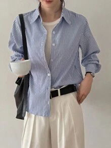 DAZY 女士休闲条纹宽松衬衫，条纹衬衫长袖上衣 - 藍色 - 查看 5