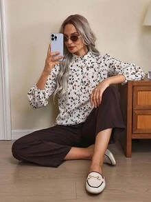 EMERY ROSE Women's Printed Lantern Sleeve Shirt,Long Sleeve Tops - Multicolor - View 4