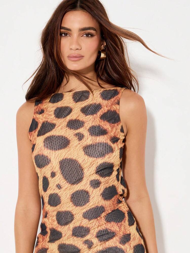 KIZN レオパード柄ボディコンマキシドレス ノースリーブ エンパイアウエスト イブニング ウェディングゲスト エレガントロング フロアレングス アニマル柄パーティーガウン