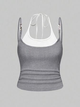 Débardeur 2 en 1 à bretelles fines avec pendentif métallique sexy, grande taille Y2K