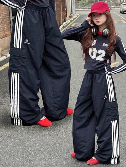 Dazy Kids 休闲街头运动风弹力腰带翻盖口袋撞色条纹侧边阔腿工装裤，适合青少年女孩