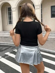 SHEIN Leap Crew Teen Girls Rhinestone Star Pattern Ruched Side Tee - Black - View 2