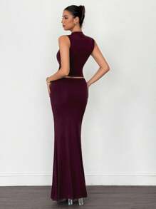 SHEIN Tall Dark Plum Knitted Fishtail Long Skirt + Small High Collar Top Two Pieces Suit - Brown - View 6