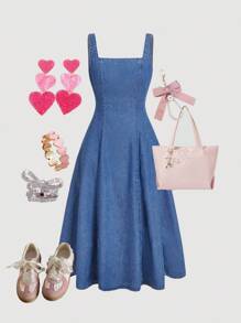 Girlism 青少年女孩休闲无袖情人节牛仔长裙、情人节连衣裙、情人节连衣裙、秋冬服装、返校返校服装、万圣节服装、圣诞节服装、教师服装 - 中等水洗藍 - 查看 1