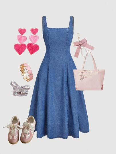 Girlism 青少年女孩休闲无袖情人节牛仔长裙、情人节连衣裙、情人节连衣裙、秋冬服装、返校返校服装、万圣节服装、圣诞节服装、教师服装